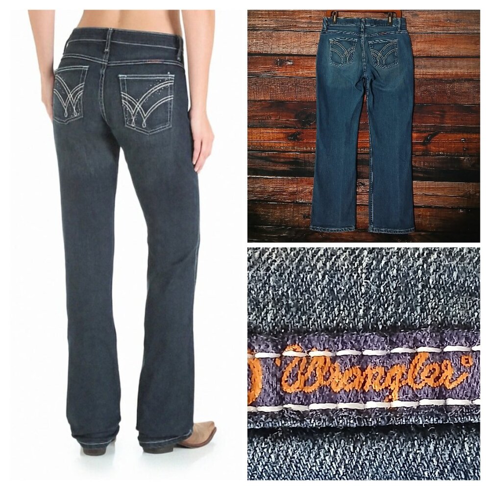 Wrangler Jeans Size 7 8 Q Baby Boot Cut Mid Rise Dark Denim Embellished Riding